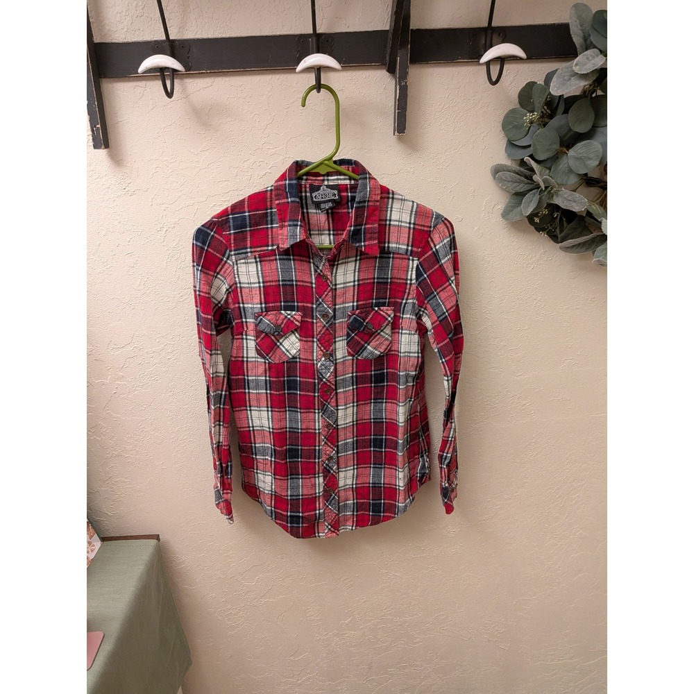 Angie Womens Red Plaid Long Sleeve Button Up Shirt Size S Cotton